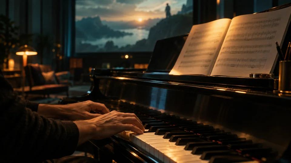 Manos en un piano junto a una proyección — imagen editorial de composición