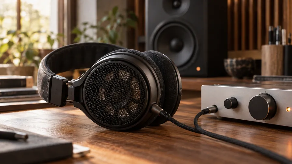 Auriculares e interfaz de audio — imagen editorial de escucha