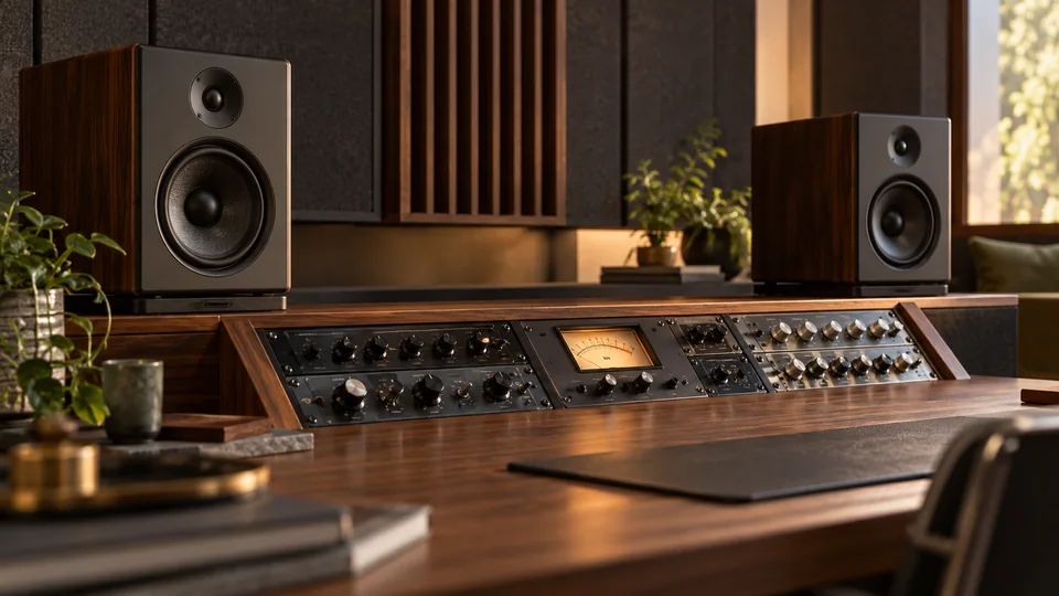 Monitores y controles de mastering — espacio editorial de escucha