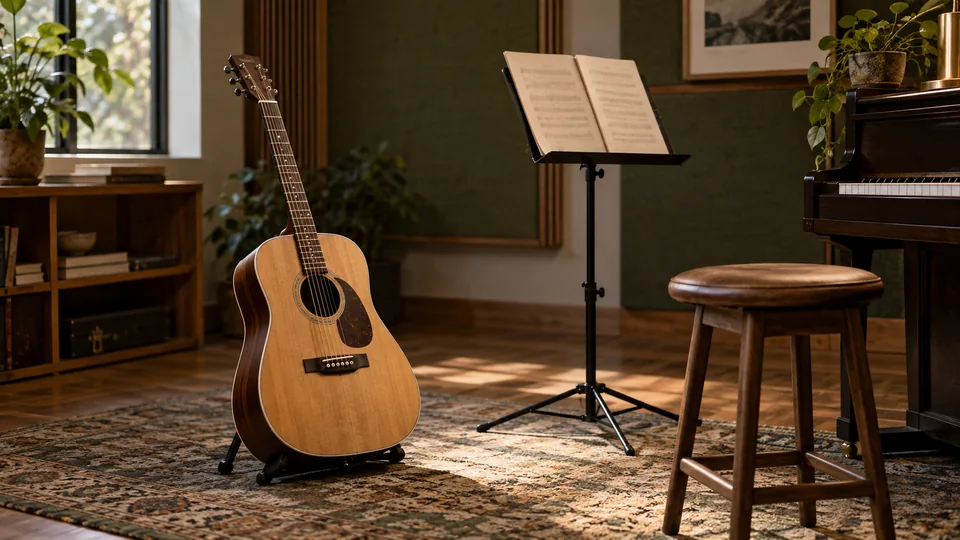 Guitarra acústica y piano en una sala de grabación vacía — escena editorial de arreglos