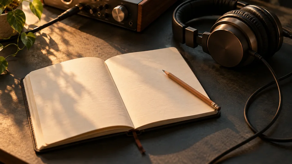 Cuaderno, auriculares e interfaz de audio — imagen editorial de preparación de una sesión