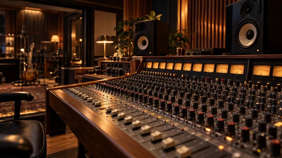 Consola de grabación — concepto editorial de estudio