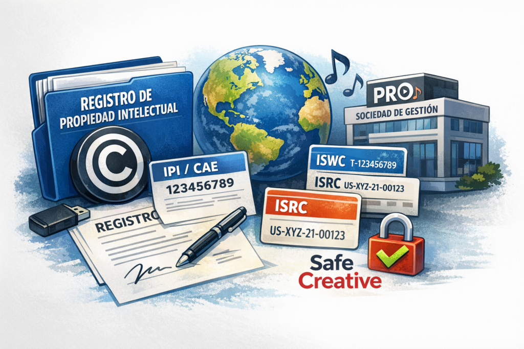 Ilustración sobre registro de propiedad intelectual, PRO, IPI, ISWC, ISRC y protección musical internacional