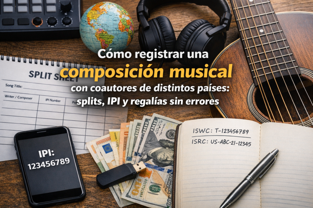 Mesa de trabajo con split sheet, guitarra y elementos que representan el registro internacional de una composición musical con coautores de distintos países