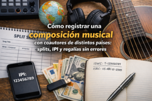 Mesa de trabajo con split sheet, guitarra y elementos que representan el registro internacional de una composición musical con coautores de distintos países