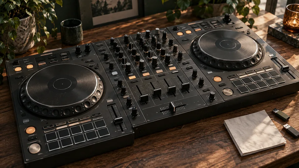 Two-deck DJ controller, USB drives and set notes — editorial set preparation