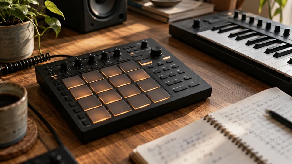 Pad controller, keyboard and notebook — editorial beat production desk