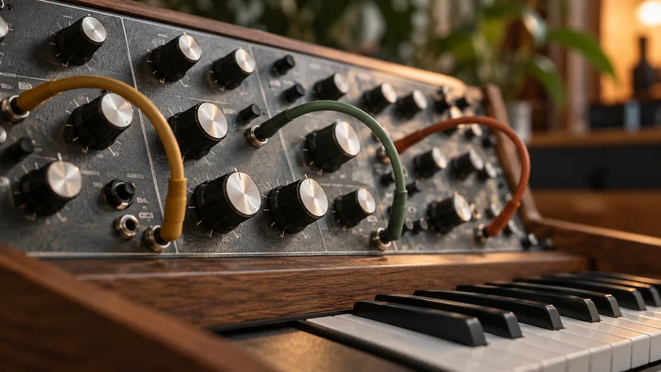 Synthesizer knobs, patch cables and keys — editorial sound design detail