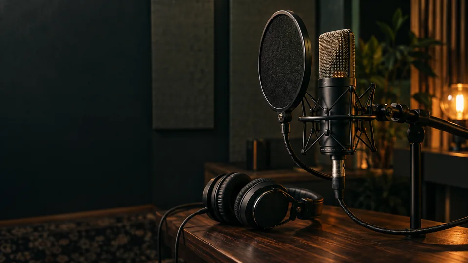 Microphone, pop filter and headphones — editorial recording image