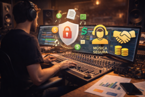 Productor musical profesional trabajando en estudio con símbolos de protección e ingresos