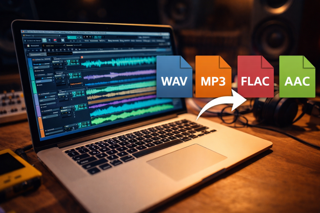 Exportación de audio desde un DAW a formatos WAV MP3 FLAC y AAC