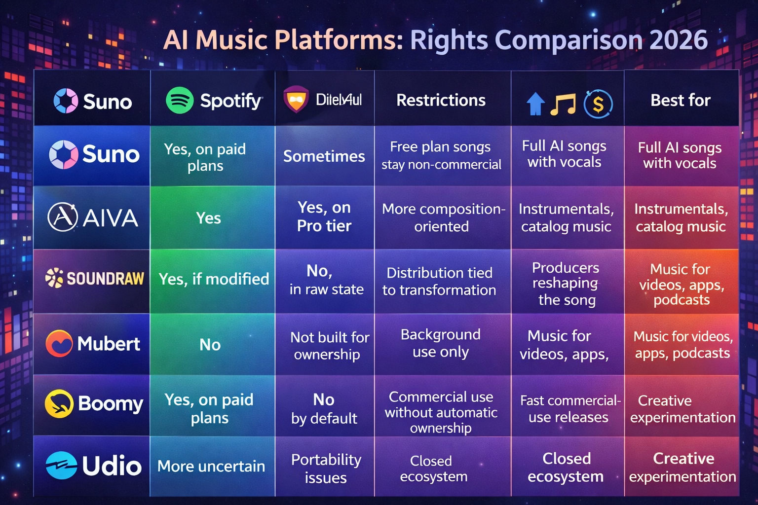 AI Music Platforms Rights Comparison 2026 chart comparing Suno AIVA Soundraw Mubert Boomy Udio ownership and release rights