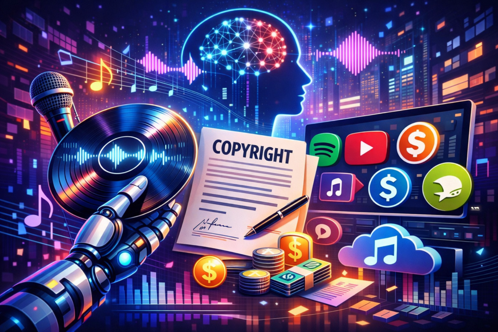 Derechos de la música con inteligencia artificial en 2026 ilustración con copyright, streaming y monetización