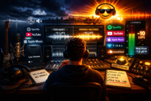 Mastering studio with producer comparing how a song translates on streaming platforms