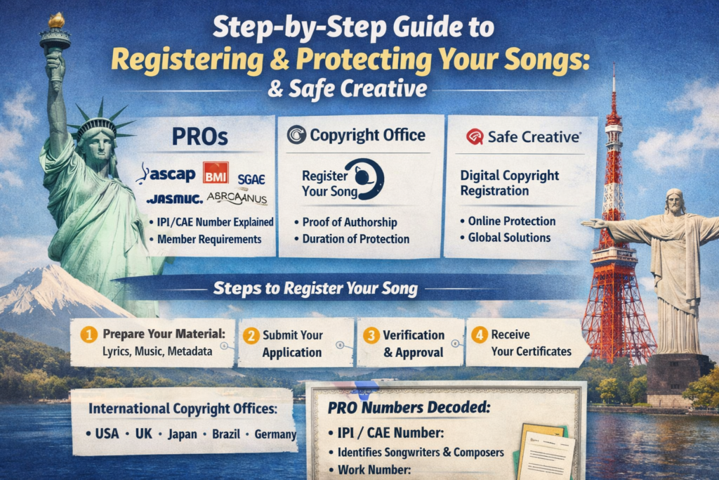 Illustration about copyright registration, PROs, IPI, ISWC, ISRC, and global song protection