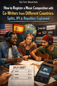 Songwriters from different countries reviewing a split sheet and registration details for an international music composition