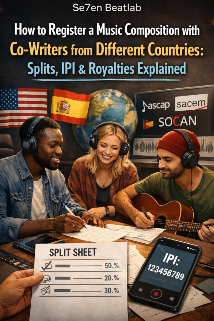 Songwriters from different countries reviewing a split sheet and registration details for an international music composition