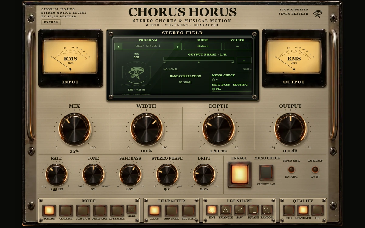 Actual Chorus Horus 1.0 VST3 interface: aged brass, stereo meters and output phase display