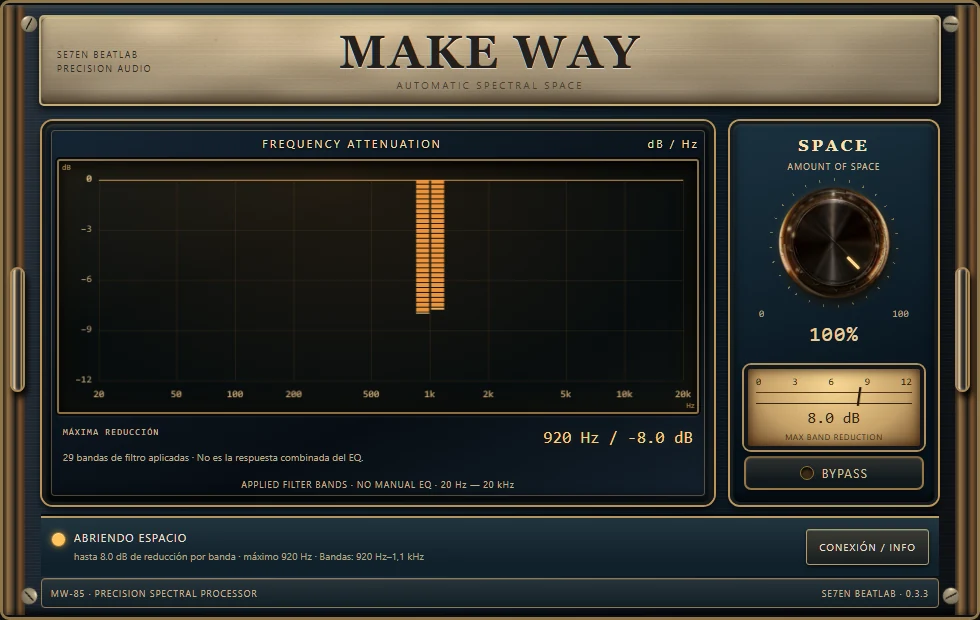 Make Way vintage interface with measured filter-band attenuation in dB