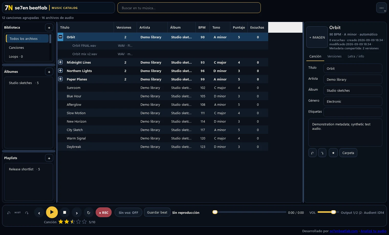 Music Catalog interface with an isolated demonstration library, versions and REC